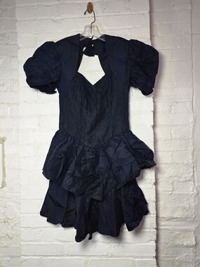 Women's Navy Puff-Sleeve Lace Panel Dress